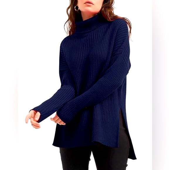 Lillusory Women Oversized Turtleneck Navy Batwing Sleeve Ribbed Tunic Sweater Xl